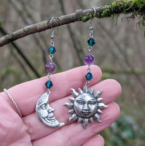 Mismatched Sun & Moon Amethyst Earrings